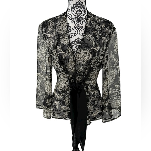 Cato Black Sheer Floral Tie Waist Chiffon Blouse Top Size L - Picture 2 of 11